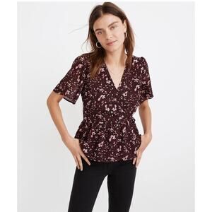 Madewell Georgette Flutter-Sleeve Peplum Paisley Dark Purple Faux Wrap Blouse XS